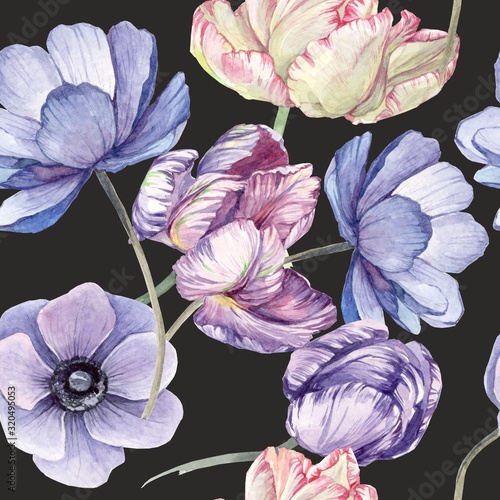 watercolor background black pattern with tulip, bud, anemone