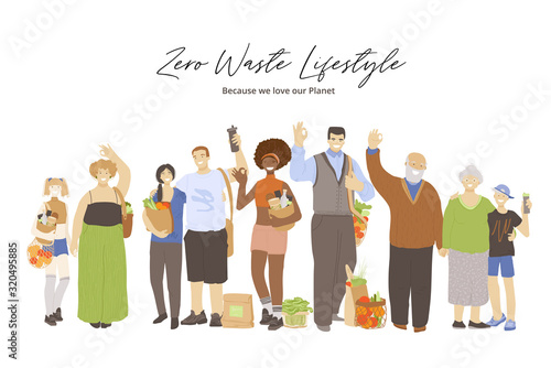 Group of happy joyful people holding zero waste products in hands - bags, kitchen and beauty produts, and showing OK sign. Zero Waste Lifestyle concept with big family