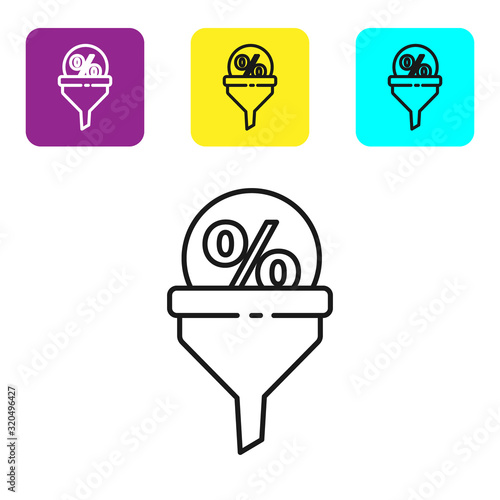 Black line Lead management icon isolated on white background. Funnel with discount percent. Target client business concept. Set icons colorful square buttons. Vector Illustration