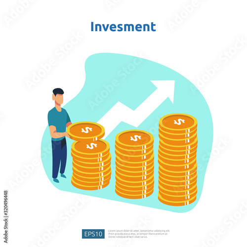 Finance performance of return on investment ROI. income salary rate increase concept illustration with people character and arrow. business profit growth, sale grow margin revenue with dollar symbol