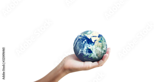 Globe  earth in human hand  holding our planet glowing