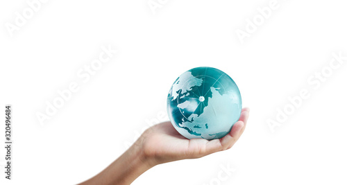 Globe  earth in human hand  holding our planet glowing