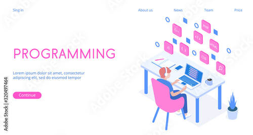 Stylish vector isometric 3d Programming, programmer at work illustration.