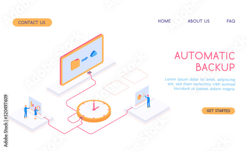 Modern isometric 3d vector automatic backup with workers and time illustration.