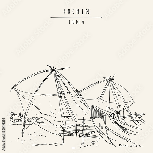 Cochin (Kochi), Kerala, South India. Chinese fishing nets and wooden boats. Historical landmark. Seafront hand drawing. Asian travel sketch. Vintage hand drawn postcard, poster. Vector illustartion