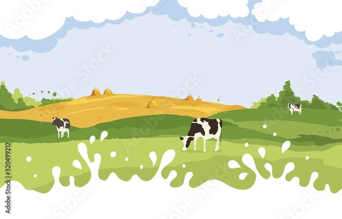 Abstract rural landscape with cows. Vector illustration, fields and meadows with milk drops	