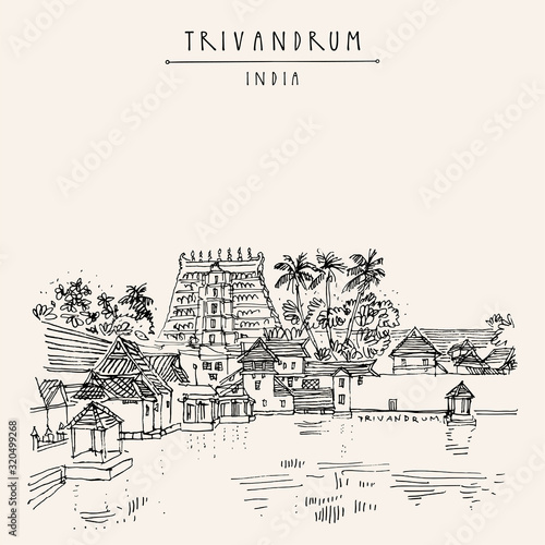 Trivandrum (Thiruvanathapuram), Kerala, South India. Sree Padmanabhaswamy Temple. Artistic hand drawing. Asian travel sketch. Vintage hand drawn postcard photo