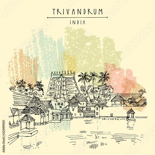Trivandrum (Thiruvanathapuram), Kerala, South India. Sree Padmanabhaswamy Temple. Artistic hand drawing. Asian travel sketch. Vintage hand drawn postcard