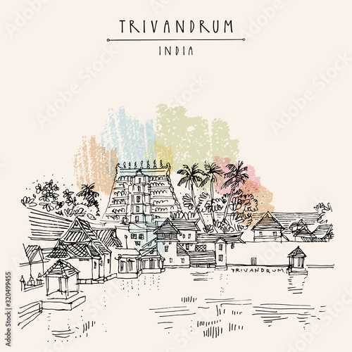 Trivandrum (Thiruvanathapuram), Kerala, South India. Sree Padmanabhaswamy Temple. Artistic hand drawing. Asian travel sketch. Vintage hand drawn postcard