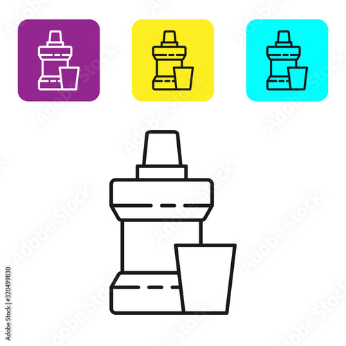 Black line Mouthwash plastic bottle and glass icon isolated on white background. Liquid for rinsing mouth. Oralcare equipment. Set icons colorful square buttons. Vector Illustration