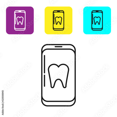 Black line Online dental care icon isolated on white background. Dental service information call center. Set icons colorful square buttons. Vector Illustration