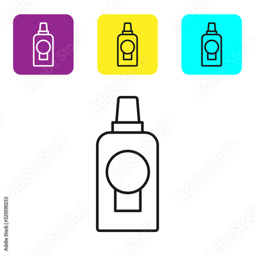 Black line Mouthwash plastic bottle icon isolated on white background. Liquid for rinsing mouth. Oralcare equipment. Set icons colorful square buttons. Vector Illustration