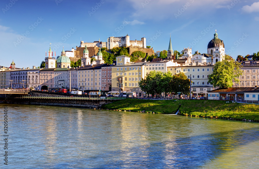Panoramic view of Salzburg skyline with Festung Hohensalzburg and river Salzach, Salzburger Land, Austria Panoramic view of Salzburg skyline with Festung Hohensalzburg and river Salzach, Salzburger Land, Austria
