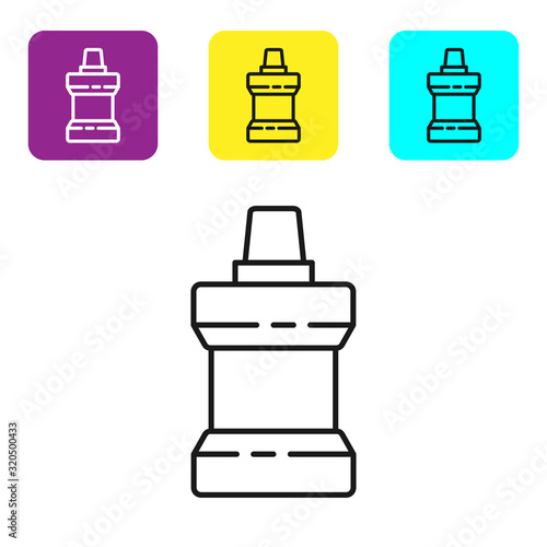 Black line Mouthwash plastic bottle icon isolated on white background. Liquid for rinsing mouth. Oralcare equipment. Set icons colorful square buttons. Vector Illustration