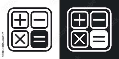 Calculator app icon for smartphone, tablet, laptop or other smart device with mobile interface. Minimalistic two-tone version on black and white background