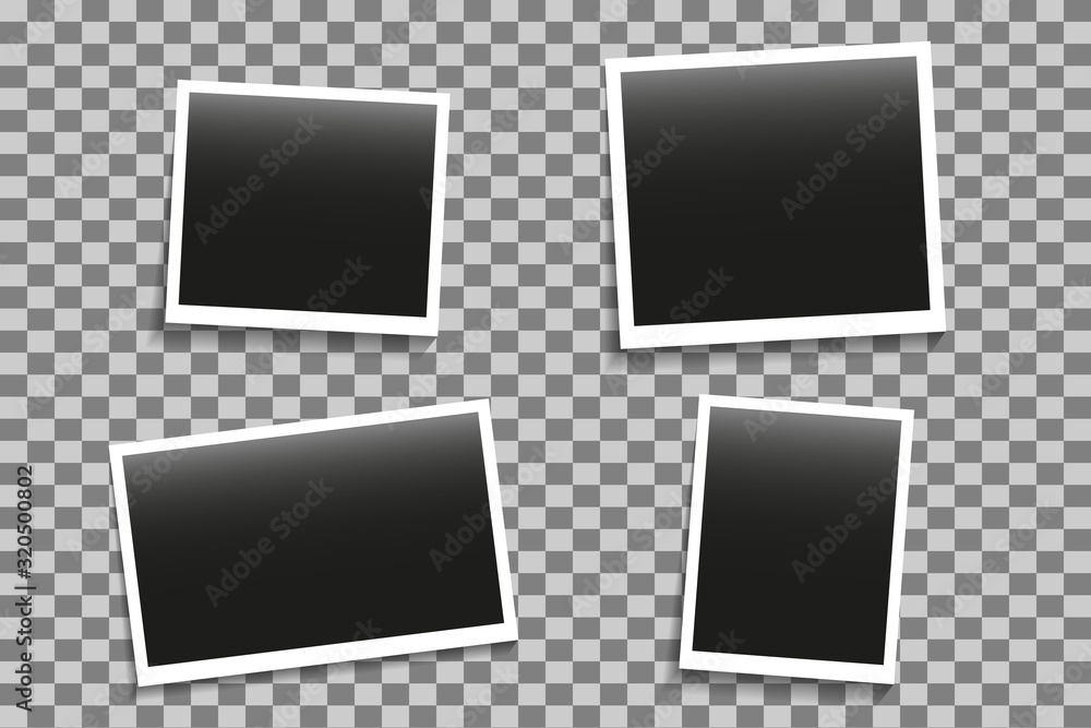 Set of photo frames mockup with shadow on transparent background. Foto album memmory. Template decoration for desing. Realistic gallery photography of portraits. Picture for web, mobile app. Vector. Set of photo frames mockup with shadow on transparent background. Foto album memmory. Template decoration for desing. Realistic gallery photography of portraits. Picture for web, mobile app. Vector.