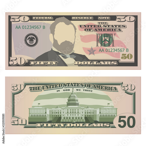 Fifty dollar bill on both sides. 50 US dollars banknote, from front and reverse side. Vector illustration of USD isolated on white background