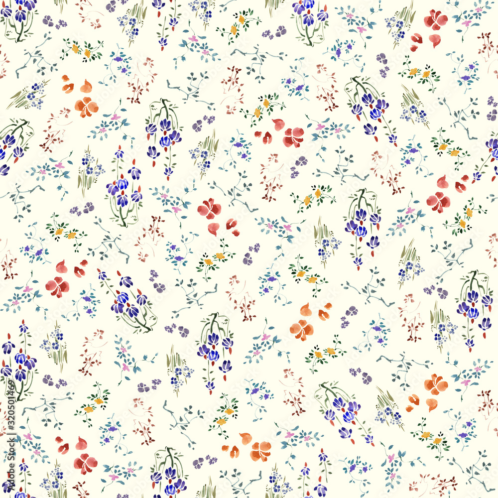 Seamless pattern for calico fabric with small flowers, branches, and bushes painted with watercolor thin brush.