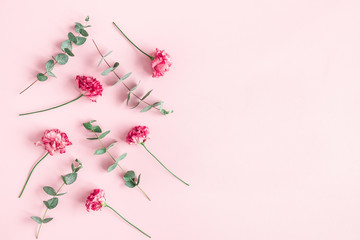 Flowers composition. Pink flowers and eucalyptus branches on pink background. Valentines day, mothers day, womens day concept. Flat lay, top view