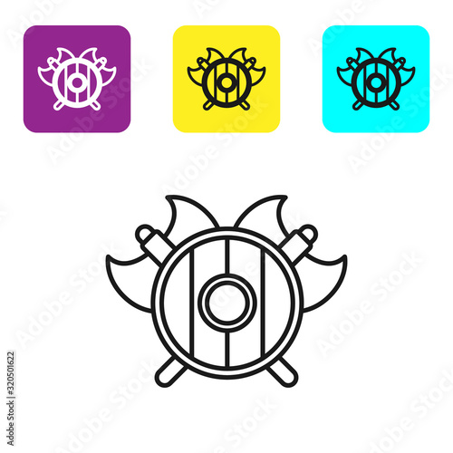 Black line Medieval shield with crossed axes icon isolated on white background. Battle axe, executioner axe. Set icons colorful square buttons. Vector Illustration