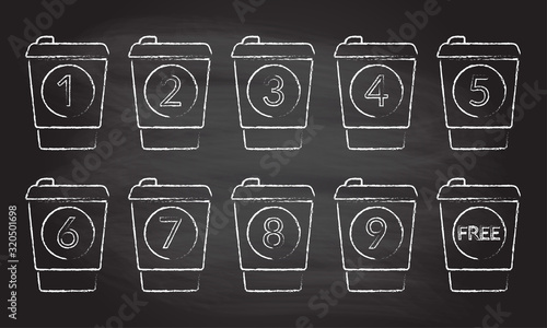 Take away coffee cup concept. Buy 9 cups and get 1 for free. Design element for promotion cafe card or loyalty voucher. Coffee to go icons isolated on chalkboard background. Vector illustration. 