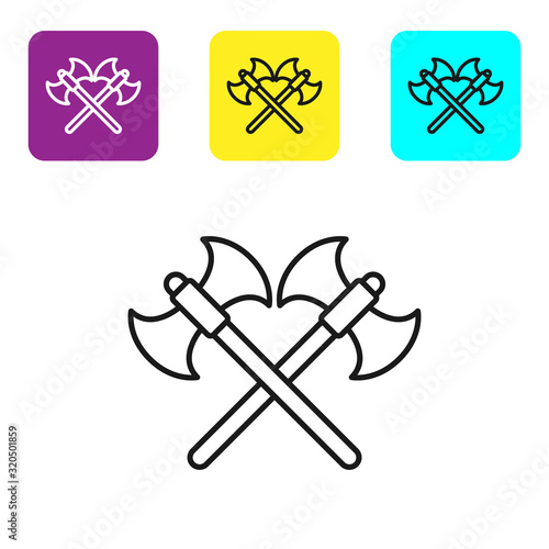 Black line Crossed medieval axes icon isolated on white background. Battle axe, executioner axe. Set icons colorful square buttons. Vector Illustration