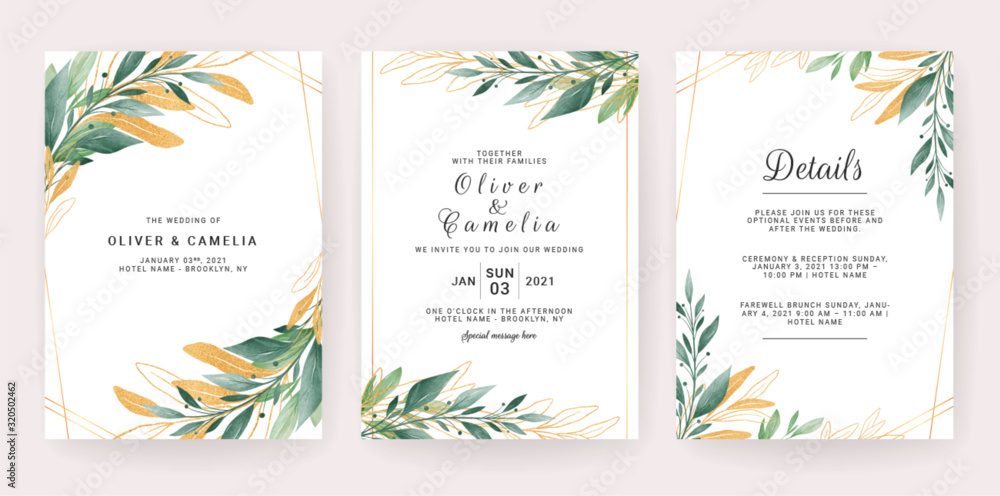 Wedding invitation card template set with leaves border. Flowers decoration for save the date, greeting, poster, cover, etc. Botanic illustration vector Wedding invitation card template set with leaves border. Flowers decoration for save the date, greeting, poster, cover, etc. Botanic illustration vector