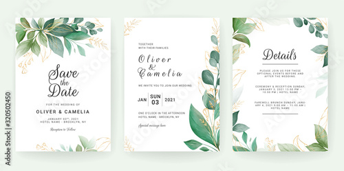 Wedding invitation card template set with leaves border. Flowers decoration for save the date, greeting, poster, cover, etc. Botanic illustration vector