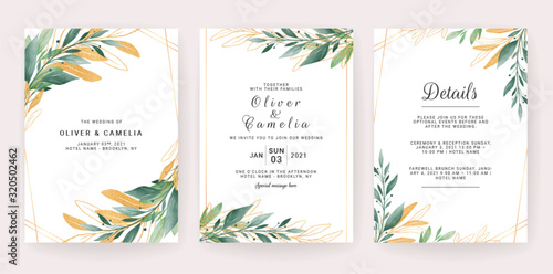 Wedding invitation card template set with leaves border. Flowers decoration for save the date, greeting, poster, cover, etc. Botanic illustration vector