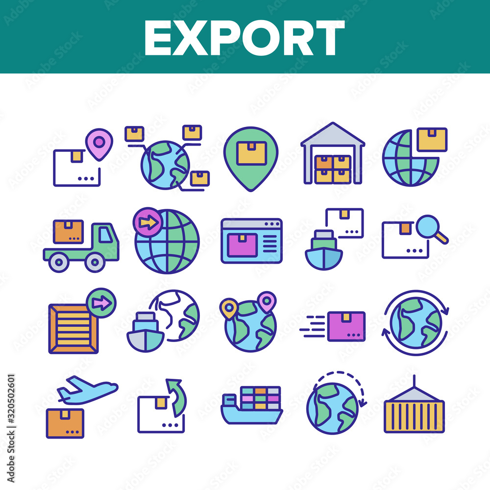 Export Global Logistic Collection Icons Set Vector. Truck Cargo And Ship With Container, Airplane And Box, Storage And Globe Export Concept Linear Pictograms. Color Contour Illustrations