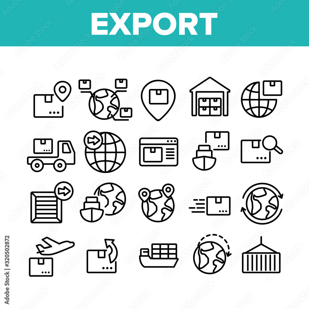 Export Global Logistic Collection Icons Set Vector. Truck Cargo And Ship With Container, Airplane And Box, Storage And Globe Export Concept Linear Pictograms. Monochrome Contour Illustrations Export Global Logistic Collection Icons Set Vector. Truck Cargo And Ship With Container, Airplane And Box, Storage And Globe Export Concept Linear Pictograms. Monochrome Contour Illustrations