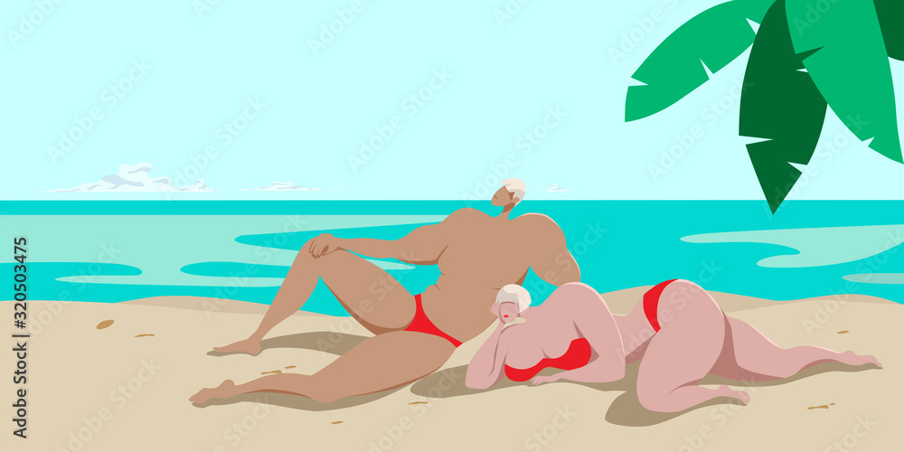 A young couple sunbathes in the sand on the shore of a tropical sea. Cartoon character in flat style vector illustration.