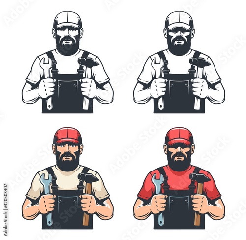 Repair man mechanic holds hammer and wrench - retro illustration. Worker with tools - vintage style. DIY men with beard. Vector illustration.