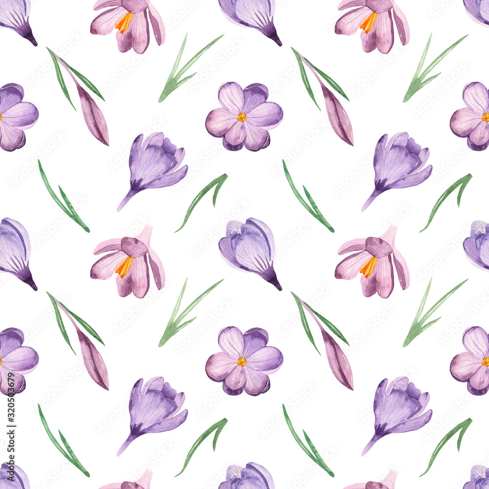 Watercolor seamless pattern with leaves and crocus flowers on a white background