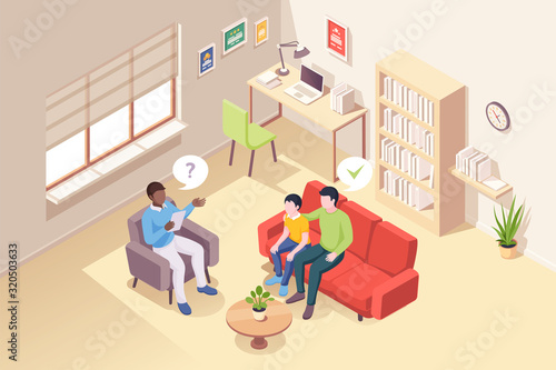 Father and son at psychologist counseling, vector isometric design, people at psychologist counselor couch. Man and teenager kid at psychology therapy session for relationship problem