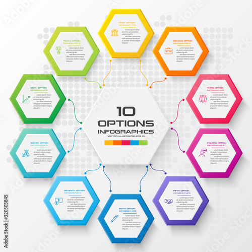Abstract business infographics template with 10 hexagon box diagrams in white color background
