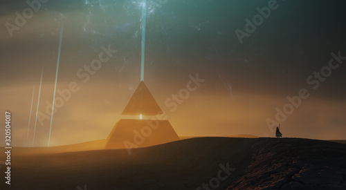 Fotografie, Obraz surreal sci fi landscape, magical pyramid in desert landscape 3d illustration