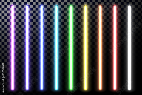 Glowing neon sticks. Fluorescent beams of laser light.