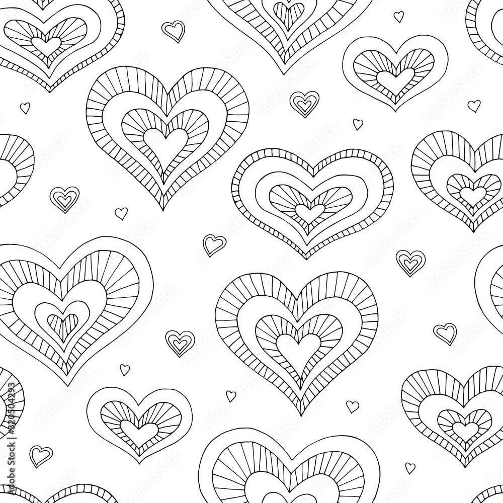 Heart graphic doodle black white color seamless pattern background illustration vector