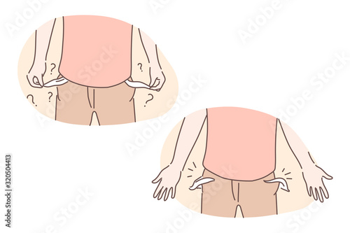 Bankruptcy, thievery, ruin set concept, Young man has ruined with his business. Perplexed boy was robbed by thief. Businessman has no money and is considered as bankrupt. Simple flat vector.