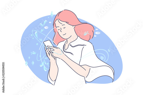 Social network or smm concept. Happy woman blogger communicates in social media. Young girl is addicted to social networks. Student uses mobile phone for typing messages. Simple flat vector