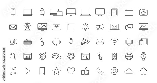 Set of Device and technology and electronics web icons in line style. Computer monitor, smartphone, tablet and laptop. Vector illustration.