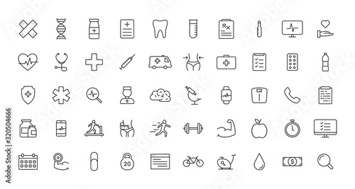 Set of Medical and Health web icons in line style. Medicine and Health Care, RX, infographic. Vector illustration.