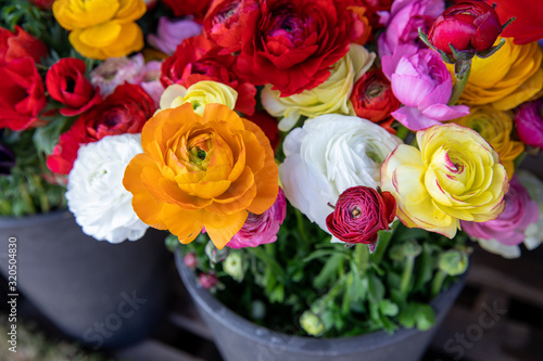 Foto Full basket of colorful persian buttercup flowers or Ranunculus asiaticus bouquets in the flowers shop
