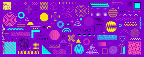 Set of 100 geometric shapes. Memphis design, retro elements for web, vintage, advertisement, commercial banner, poster, leaflet, billboard, sale. Collection trendy halftone vector geometric shapes.