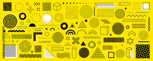Set of 100 geometric shapes. Memphis design, retro elements for web, vintage, advertisement, commercial banner, poster, leaflet, billboard, sale. Collection trendy halftone vector geometric shapes.