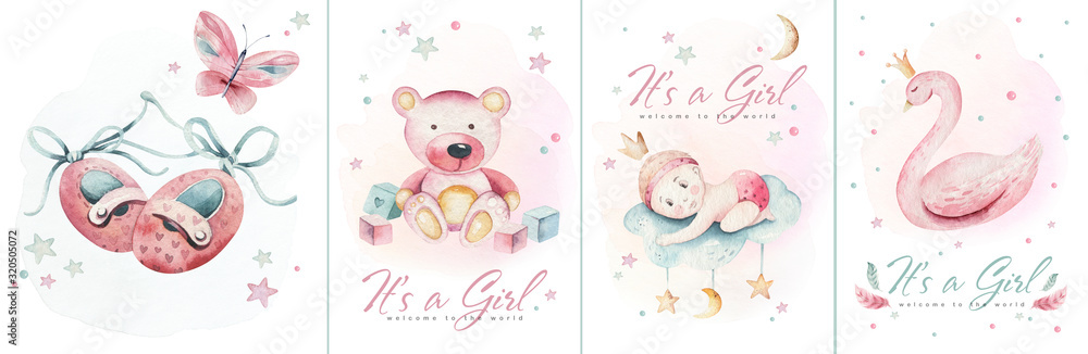 Baby shower watercolor girl design elements. Set of baby pink birthday ...
