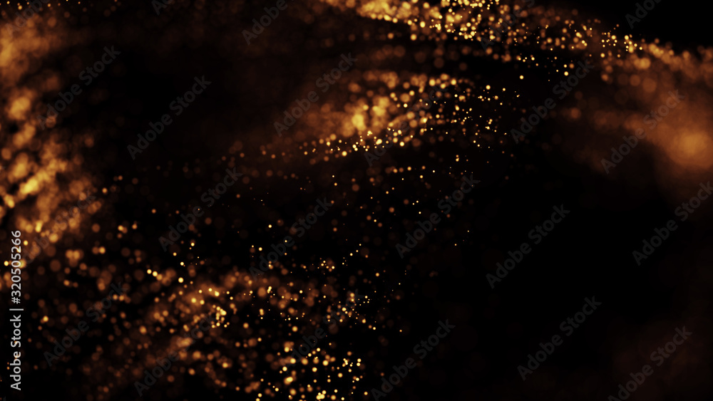 Abstract colorful background and texture, festive golden expensive tones, Thousand small glowing particles flying on a black background.