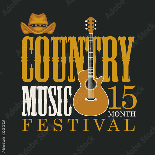 Vector poster for country music festival with brown cowboy hat, electric guitar and inscription in retro style on black background. Suitable for for emblem, t-shirt design, flyer, invitation, cover