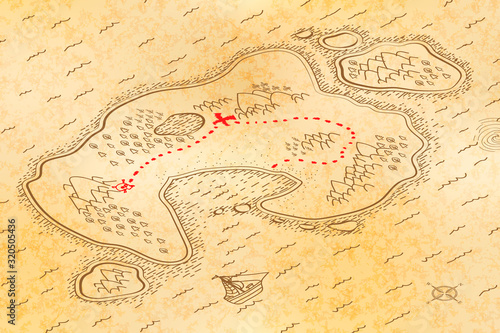 Ancient pirate map on old textured paper with red path to treasure in isometric view
